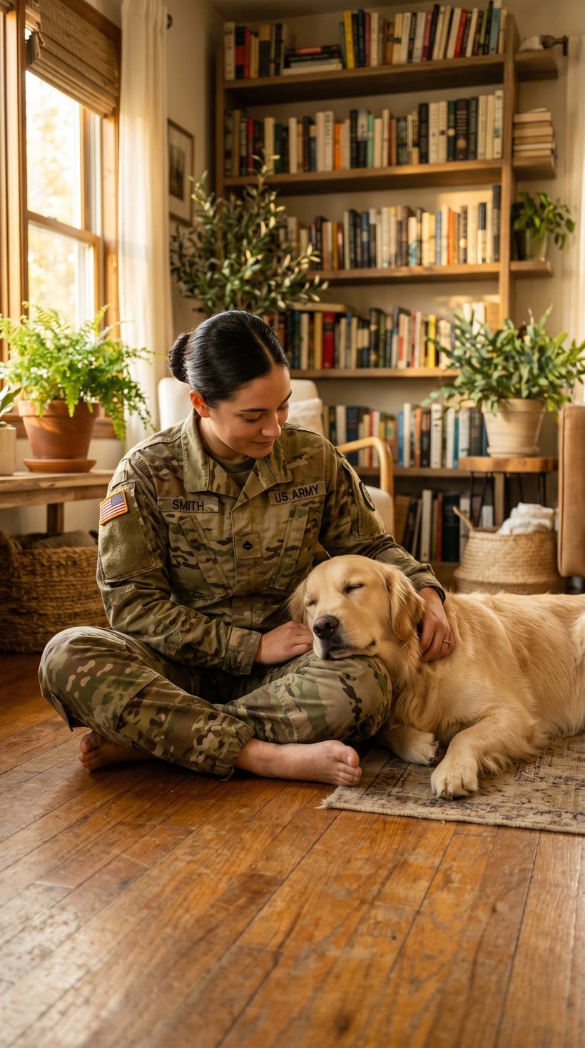Military woman with her golden retriever at home